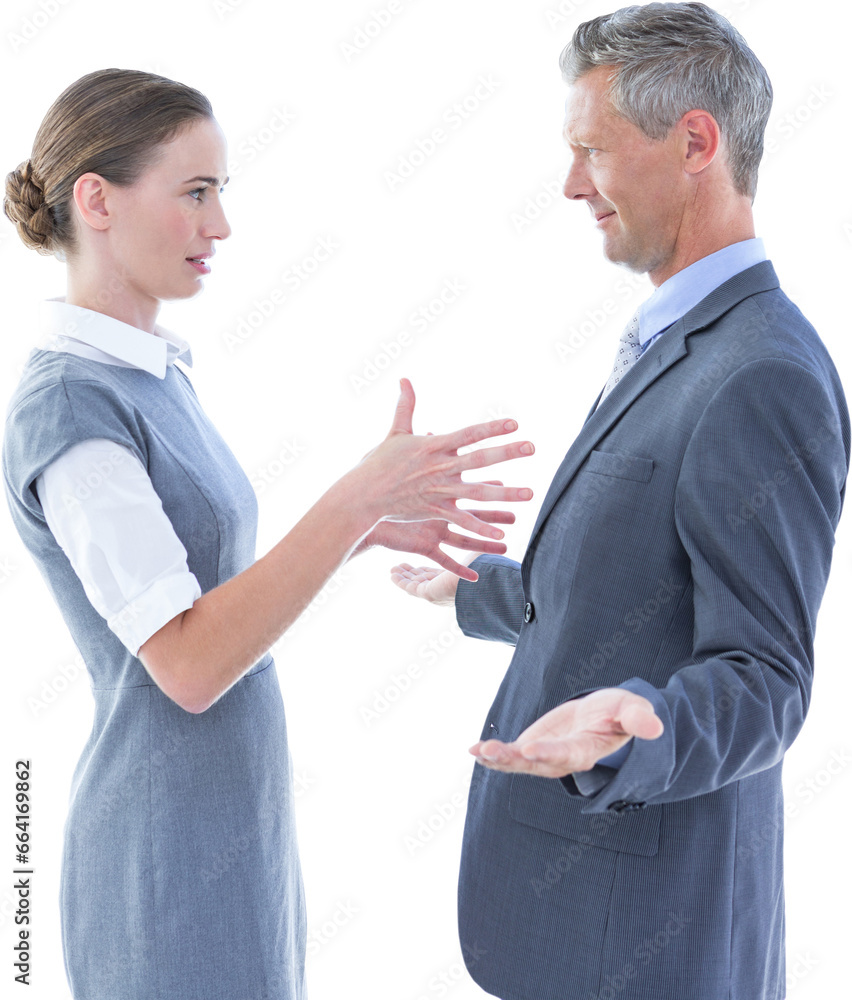 Digital png photo of caucasian male and female business people talking on transparent background Digital png photo of caucasian male and female business people talking on transparent background