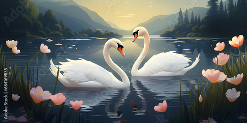 Fototapeta Naklejka Na Ścianę i Meble -  A couple swan in the lake romantic illustration background