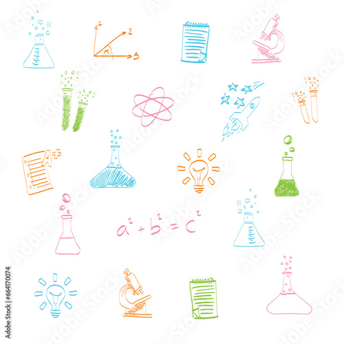 Digital png illustration of colourful science symbols on transparent background
