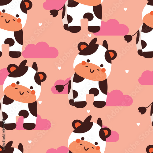 seamless pattern cartoon cow with pink clouds. cute animal wallpaper illustration for gift wrap paper