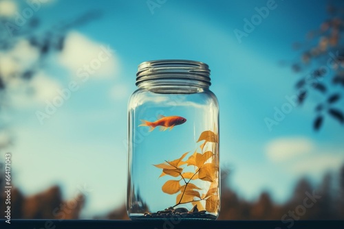A goldfish in a jar against a natural background of sky and foliage, highlighting the significance of ecology and nature. Generative AI