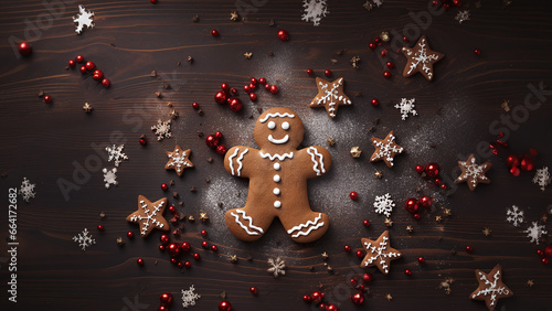 Bonshommes en pain d'épice vue du dessus, avec des petits biscuits et des décorations de Noël en fond d'écran