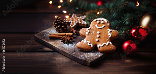 Bonshommes en pain d'épice avec des décorations de Noël en arrière plan