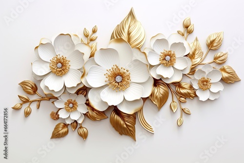 3d gold flowers white backgroung. #664172856