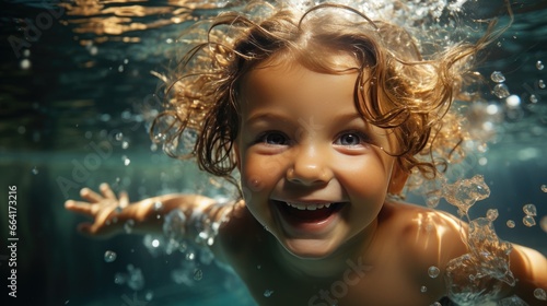 A joyful young child is submerged in clear water, with curly hair flowing freely around her. Her face is illuminated by the light, reflecting a genuine smile, summer fun underwater, swimming, pool, © DigitalArt