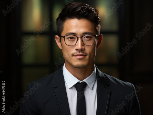An intelligent-looking man is captured in a close-up portrait. He wears stylish rectangular glasses and has meticulously styled hair, exudes an air of sophistication, thoughtful, curiosity
