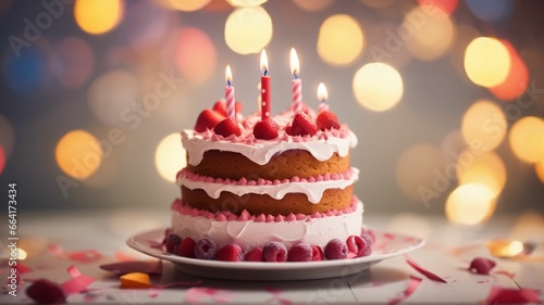 birthday cake with candles and bokeh background