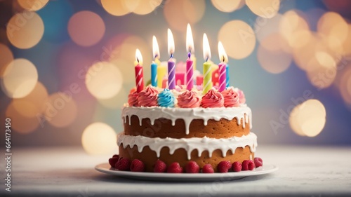 birthday cake with candles and bokeh background - Generative AI