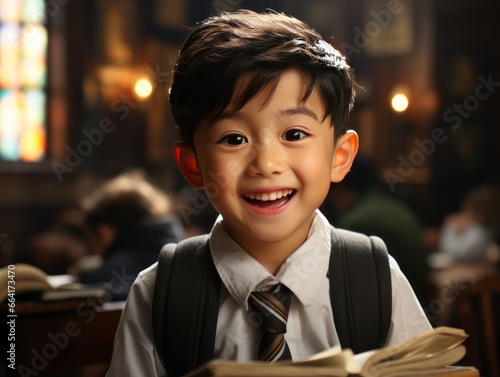 A joyful young boy in a vintage classroom setting, wearing a tie and backpack, sits with an open book. Church-style windows in the background illuminate his excitement, bible, 