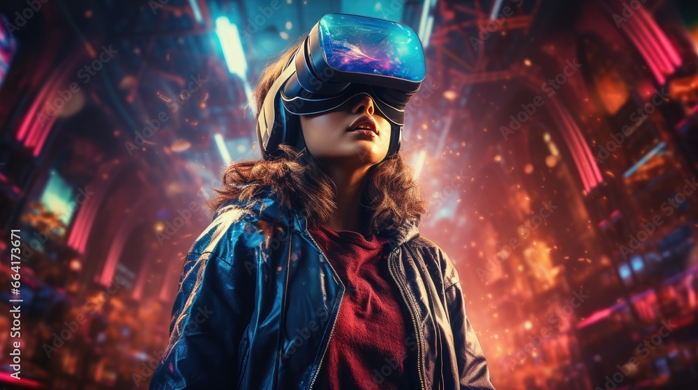 A futuristic woman wears a virtual reality headset, immersed in a vivid neon-lit world with grand structures surrounding her.