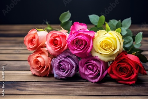 Bunch of multi colored roses on wooden planks  happy birthday lying on planks.