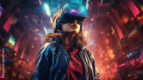 A futuristic woman wears a virtual reality headset, immersed in a vivid neon-lit world with grand structures surrounding her.