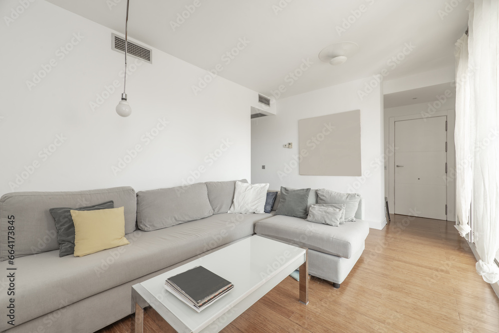 Fototapeta premium Sparsely furnished apartment with gray fabric corner sofas and plain white painted walls