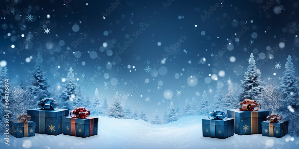 Merry Christmas and new year, gift boxes bokeh background. Christmas gifts background.