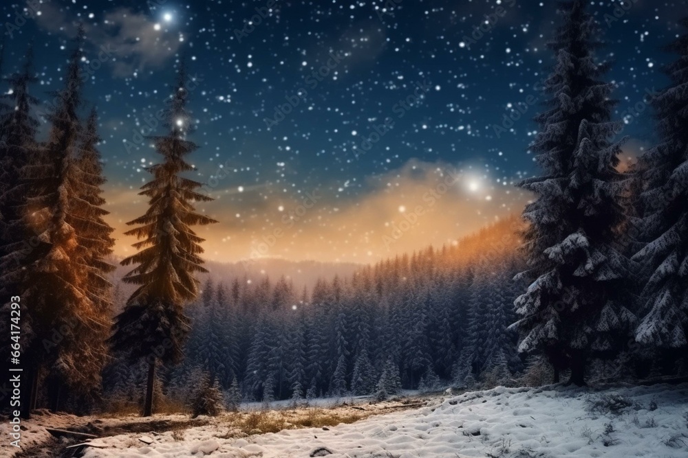 Winter forest with snow and starry sky on Christmas night, as the first star shines and a comet falls. Christmas eve concept. Generative AI