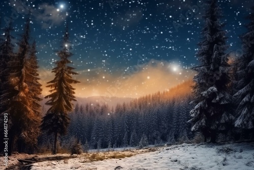 Winter forest with snow and starry sky on Christmas night, as the first star shines and a comet falls. Christmas eve concept. Generative AI