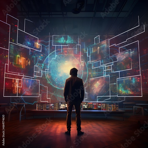 A financial professional analyzes market conditions on a dynamic 3D digital setting with vivid colors and complex patterns.