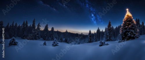 Starry night in a pine forest. One tree has a glowing Christmas star.