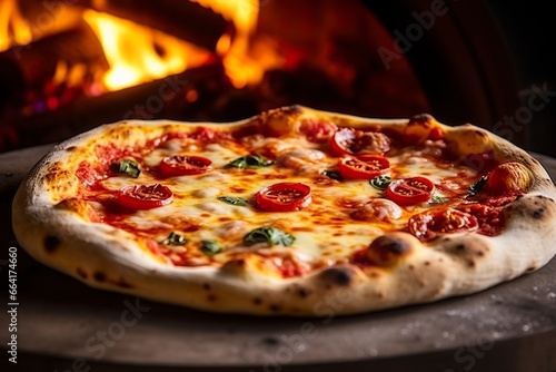 Freshly baked pizza closeup, traditional wood fired oven background.