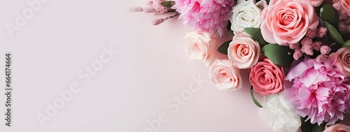 Fresh bunch of pink peonies and roses with copy space. © ABGoni