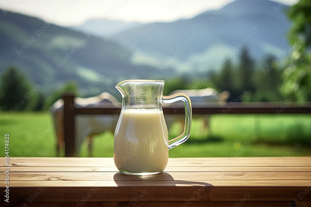 Glass pitcher with fresh milk on a wooden table. Glass pitcher with fresh milk on a wooden table.