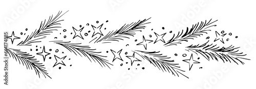 Hand drawn simple vector illustration with black outline. Pine, fir branch, stars and snow. Long garland, banner. For festive New Year, Christmas design, cards, labels. ink sketch.