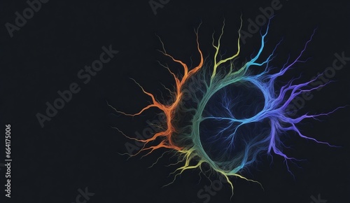 Rainbow colored circular electric thunder sparks in plain black background, light, fractal, energy, art from AI Generative