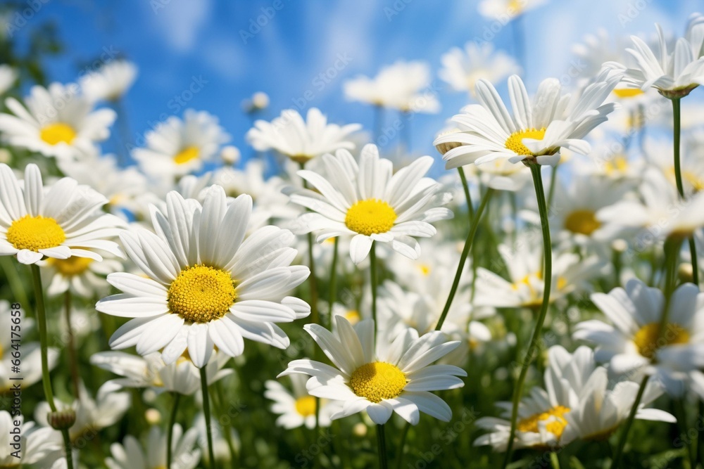 Close up view of white daisies in the meadow during spring. Generative AI