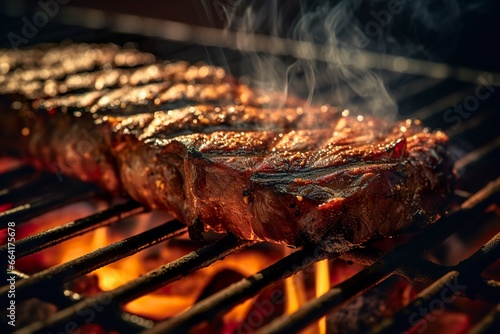 Meat grilling on a charcoal grill with smoke rising..