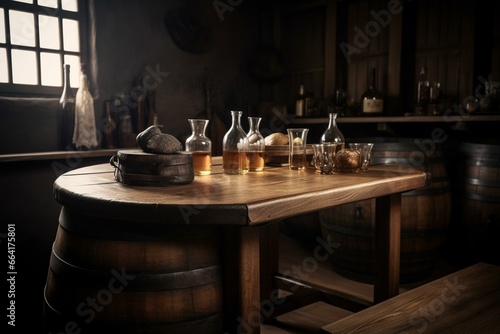 A big wooden table with a barrel and mugs filled with ale. Generative AI