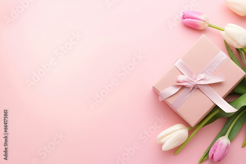 Pink gift box with ribbon bow and bouquet of tulips on isolated pastel pink background. © ABGoni
