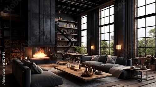 Dark living room loft with fireplace, industrial style, 3d render