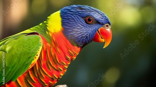 Side view Closeup of beautiful and colorful Lorikeet Green naped bird.