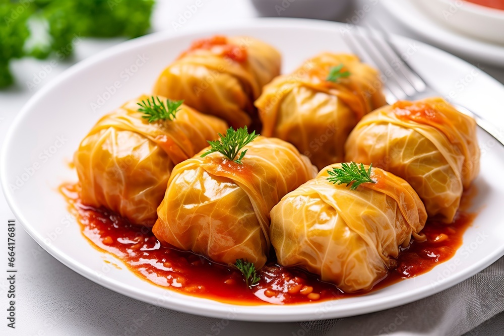 Stuffed cabbage with rice on a white table. Stuffed cabbage with rice on a white table.