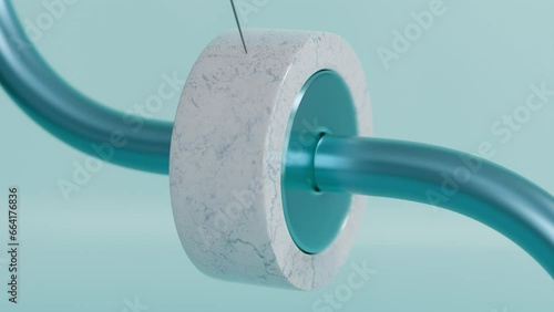 A blue tube and a ring on a string in a satisfying 3d animation