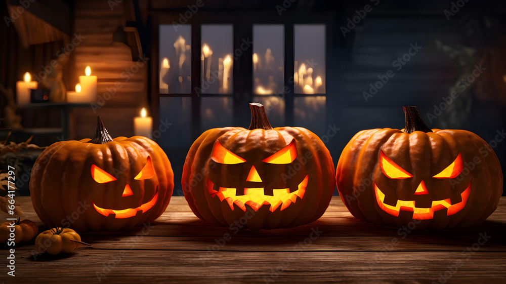 Fototapeta premium Halloween Carved Pumpkins on wooden table. Holiday background