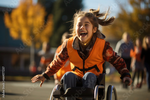Fototapeta The wheelchair-bound schoolgirl enthusiastically cheers for her school's sports team, her face beaming with joy