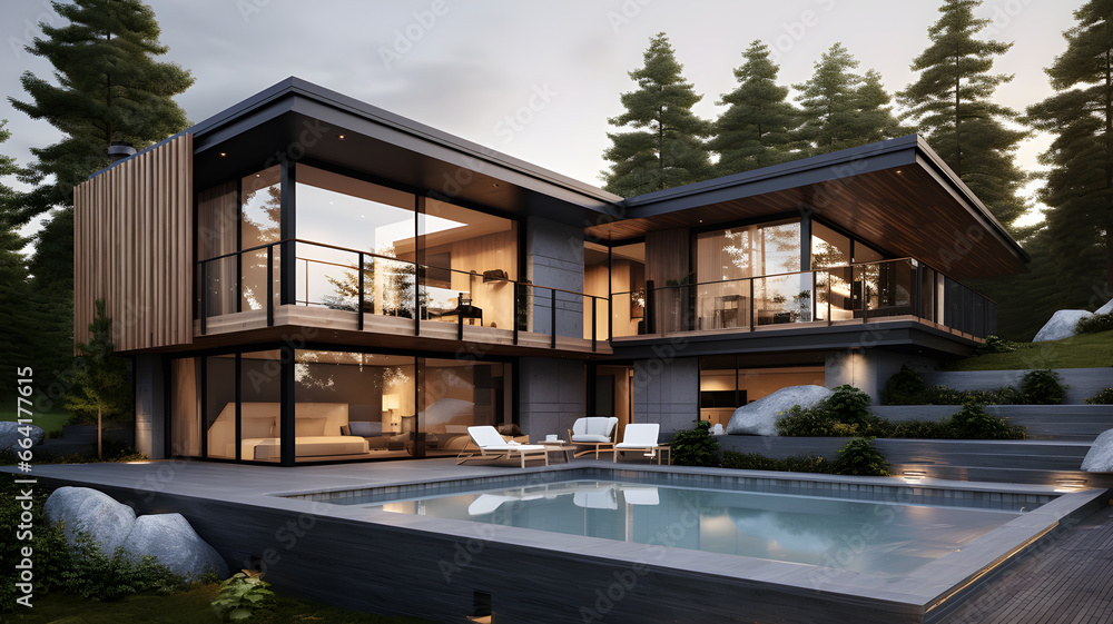 nordic modern villa with swimming pool and forest background nordic modern villa with swimming pool and forest background