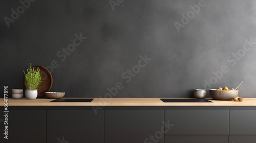 Front view on dark kitchen interior with empty grey wall, panoramic window, sink, gas cooker, crockery, oak wooden floor. Concept of minimalist design. Space for creative idea. Mock up. 3d rendering