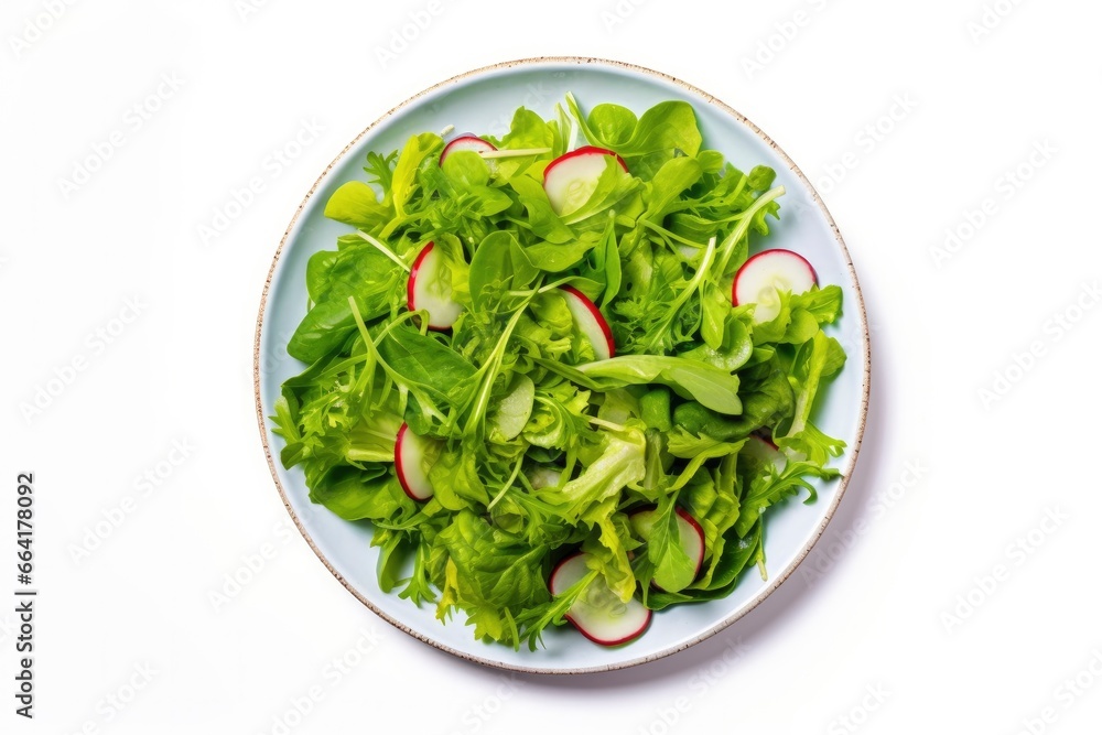 Healthy fresh green salad plate shot from above on white background. Healthy fresh green salad plate shot from above on white background.