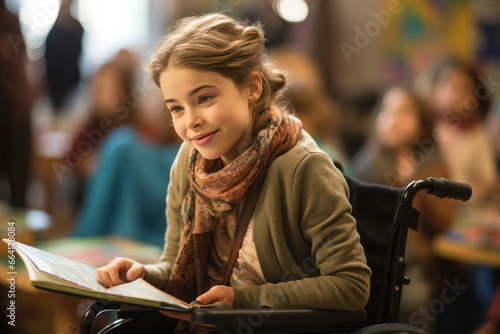 dreamy schoolgirl with wavy hair smiles happily while looking at someone. She is sitting in a wheelchair in a school environment. photo