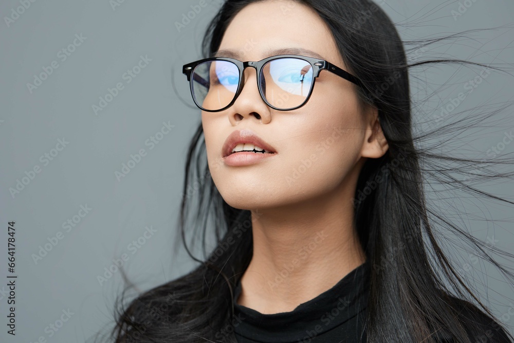 Woman studio smile business glasses fashion beautiful background cute asian portrait student face Woman studio smile business glasses fashion beautiful background cute asian portrait student face