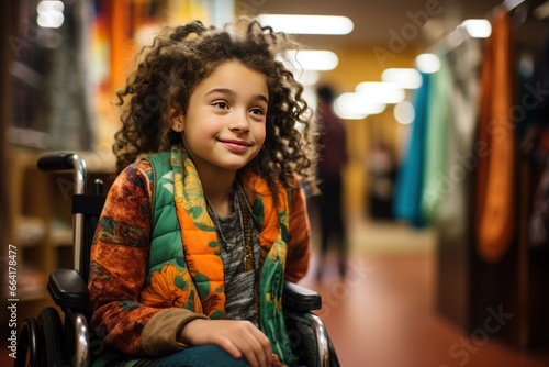 A girl with curly hair and a sweet smile sits in a wheelchair in the school hallway.