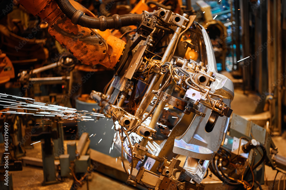 Modern robot welder processes metal part in factory workshop