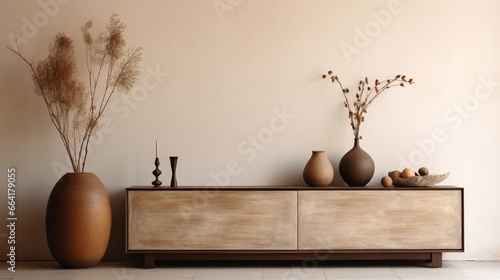 Interior design of aesthetic living room interior with copy space, wooden sideboard, vase with dried flowers, books, modern sculpture, beige wall with stucco and accessories. Home decor. Template.