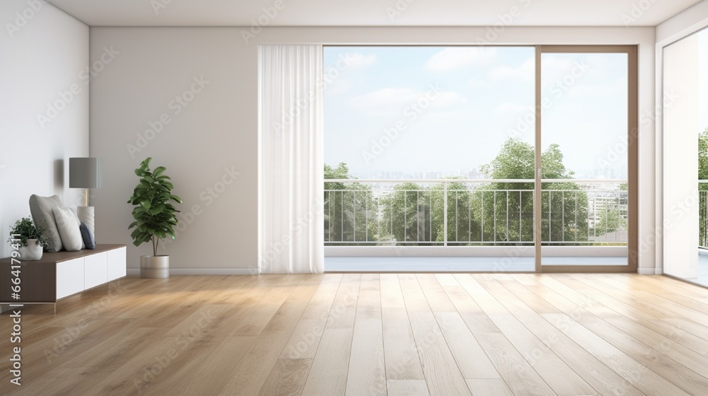 Fototapeta premium Interior of empty spacious living room with white walls and laminated floor with doors leading to balcony