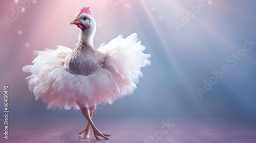 A chicken in a ballet tutu, gracefully dancing in a ballet performance
