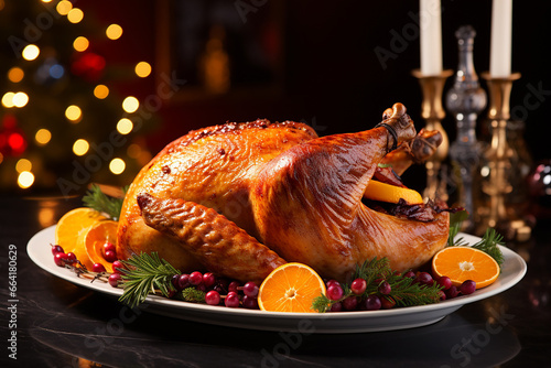 The close up detail of a crisp roasted turkey chicken on a plate with seasoning and sliced oranges for thanksgiving or christmas day. Generative AI. photo