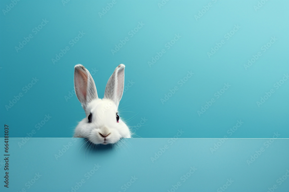The shot of a cute and small white bunny rabbit pops its head up from a hole in the breaking blue wall. Generative AI.