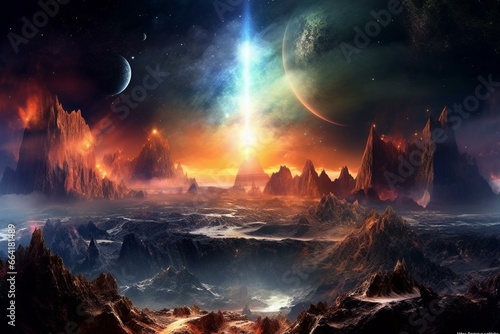 Astounding view of otherworldly world amidst nebula space. Generative AI